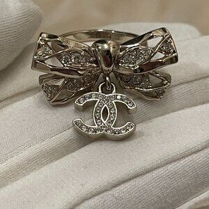 Chanel 24B Bow Ring | 24K GP Crystal CC Charm, Size 6, Hallmarked RARE Authentic